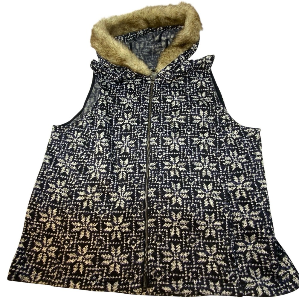 Talbots‎ Knit Vest Full Zip Navy Blue Faux Fur Trim Hood Snow Flake Nordic 2X - Picture 6 of 16